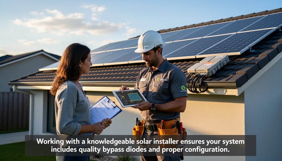 Solar installer discussing installation details with homeowner in front of house with solar panels
