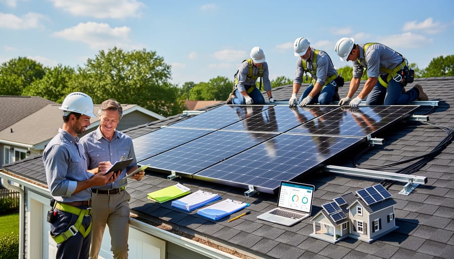 Solar panel installer inspecting residential solar installation on rooftop