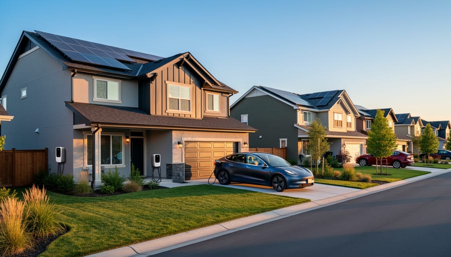 Aerial view of suburban neighborhood showing multiple homes with solar panel installations