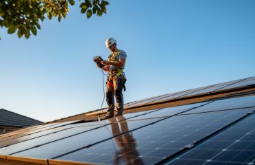Low-angle view of a solar technician inspecting rooftop photovoltaic panels at golden hour, with clear sky, roofline, and nearby tree branches hinting at potential shading.