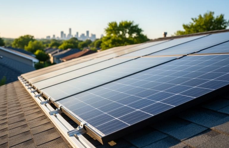 Low-angle close-up of residential rooftop solar panels showing aluminum frames, tempered glass, blue photovoltaic cells, and neatly routed metal conduit, with golden hour light and blurred trees in the background.