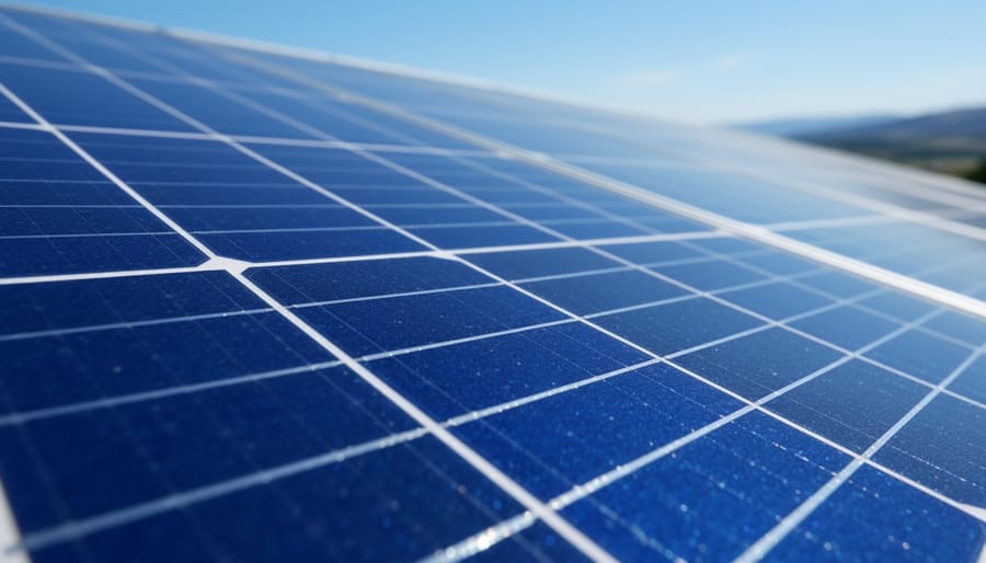 Close-up of blue crystalline silicon solar panel cells showing detailed surface structure