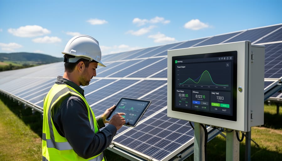 Residential solar panel array with monitoring equipment on rooftop