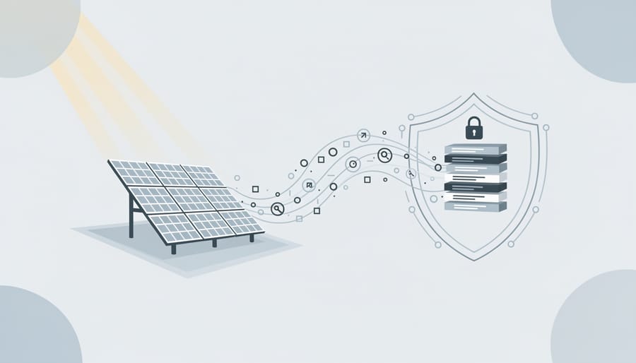 Residential solar panels on rooftop with digital security overlay