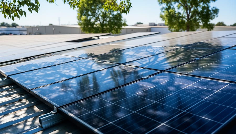 Solar panels on residential roof with tree shadow falling across multiple panels