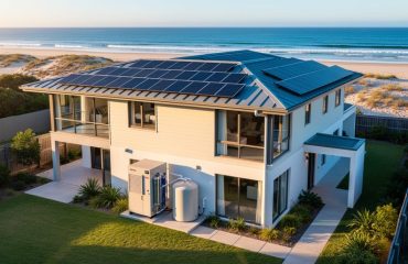 Modern coastal home with rooftop solar panels and a compact desalination unit next to a small water storage tank in the backyard, lit by golden hour light, with ocean shoreline and dunes in the background.