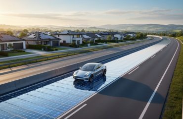 Highway lane made of glass-covered solar panels with a passing electric car at golden hour, and suburban houses behind featuring rooftop solar arrays and green landscaping.