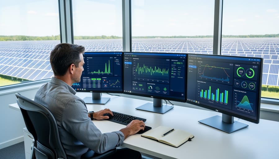 Solar technician inspecting panels with digital monitoring equipment