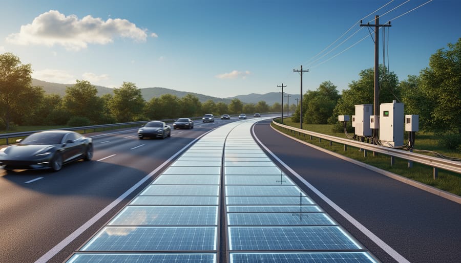 Solar road installation showing photovoltaic panels embedded in roadway surface