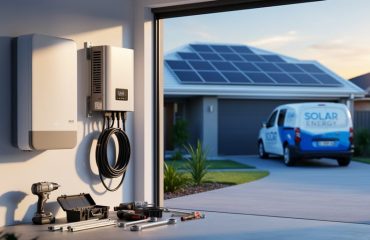 Wall-mounted home battery next to inverter and coiled cables with solar panels on a suburban roof in warm evening light; mounting hardware and tools nearby, installer van softly blurred in the background