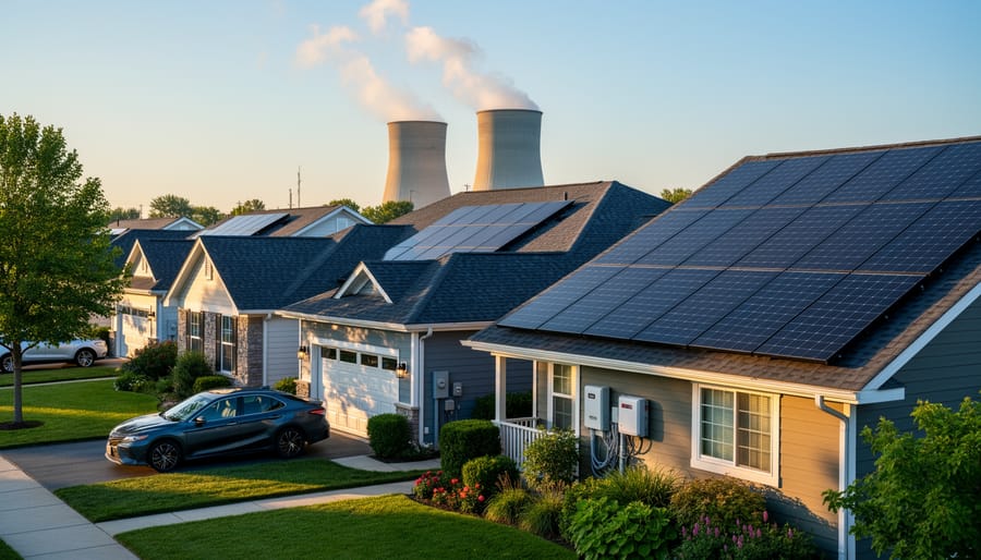 Solar panels on home roof with nuclear power plant cooling towers in distant background