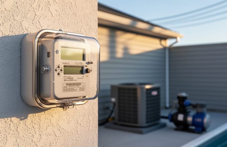 Close-up of a modern digital residential electric meter on a stucco exterior wall, with an air-conditioning condenser and pool pump system softly blurred in the background under warm late-afternoon light.