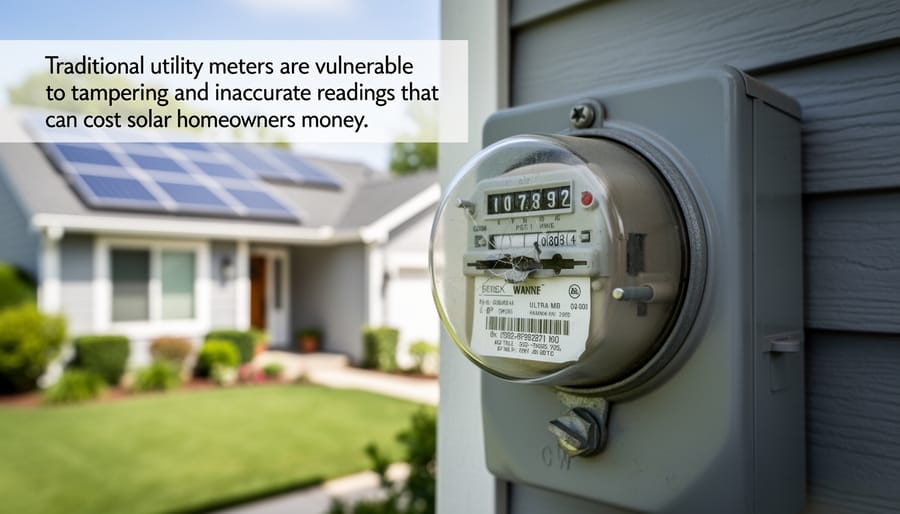 Close-up of vulnerable traditional electricity meter showing potential security issues