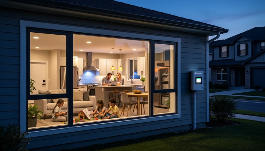 Family in illuminated kitchen at night with appliances running during power outage