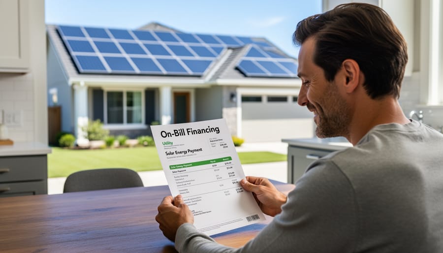 Homeowner reviewing utility bill with solar panels visible in background