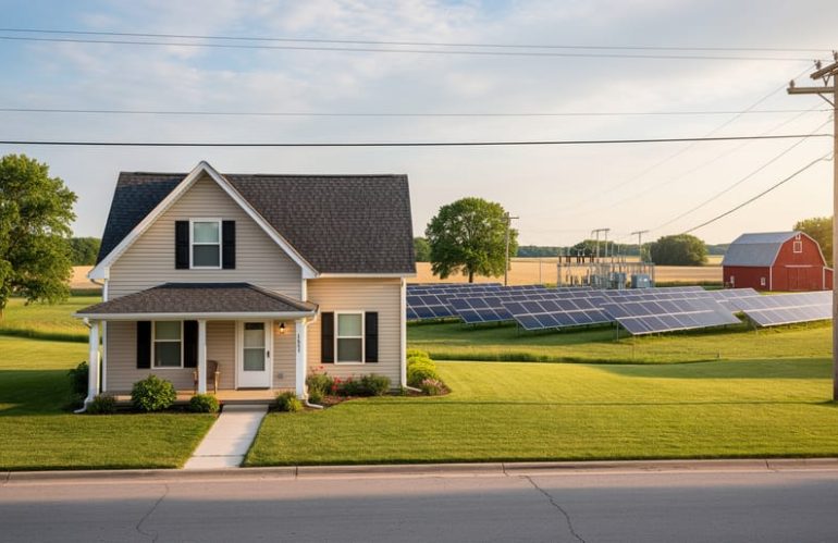 Wide view of a Midwestern house at golden hour with a small community solar farm nearby and power lines leading toward a distant substation, suggesting how community solar can impact home energy bills in Wisconsin.
