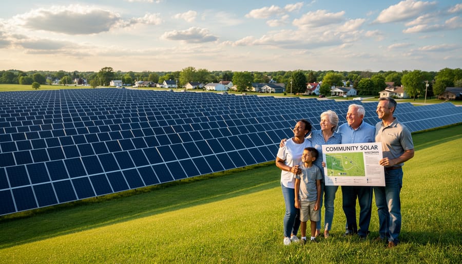 Wisconsin suburban neighborhood with homes and community solar farm visible in the distance