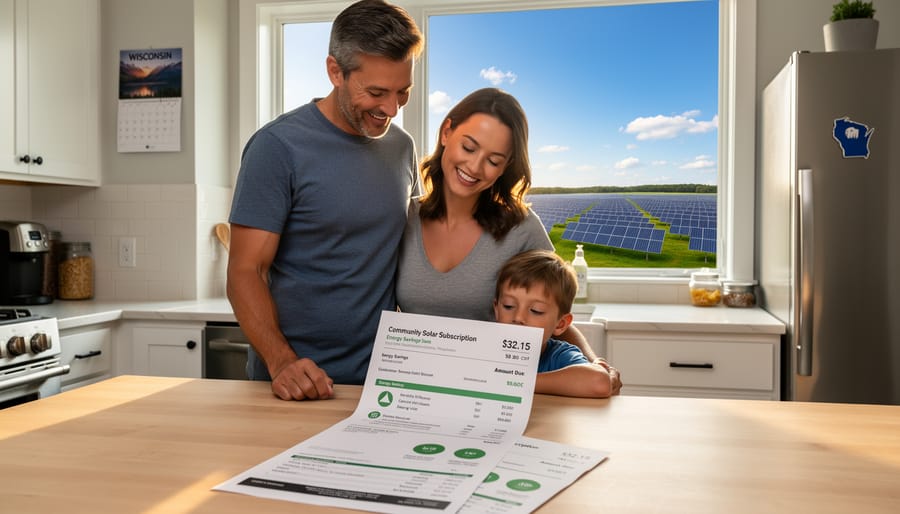 Wisconsin homeowner reviewing energy bill savings from community solar subscription