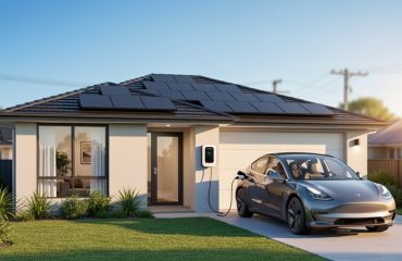 Modern house with rooftop solar panels, an electric car plugged into a home charger, and a wall-mounted battery at golden hour; utility lines softly visible in the background.