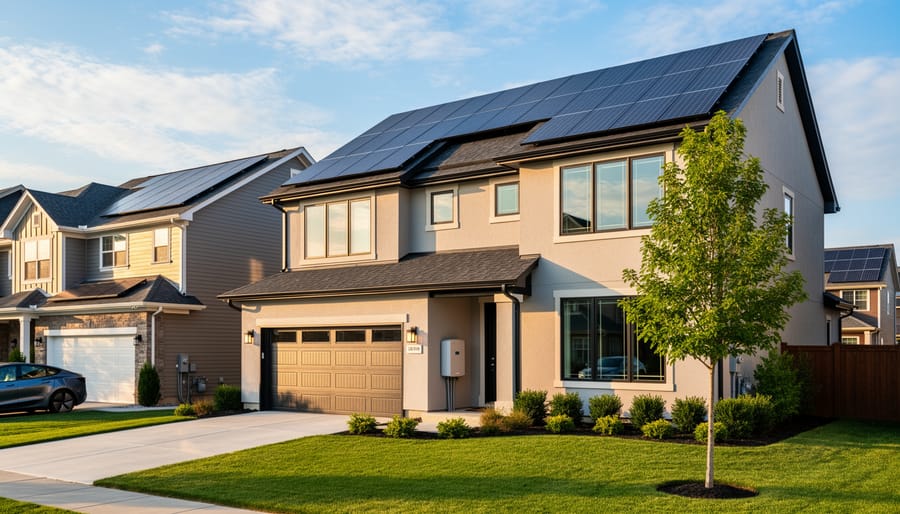 Contemporary suburban home with full solar panel roof installation under clear sky