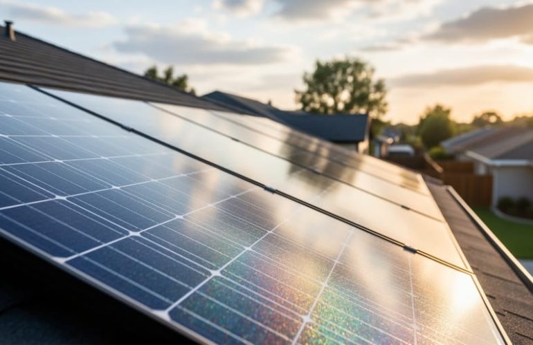 Low-angle close-up of a large-format 72-cell quantum dot-enhanced solar panel array on a suburban rooftop at golden hour, with a subtle iridescent sheen on the cells and blurred rooftops, trees, and clouds behind.