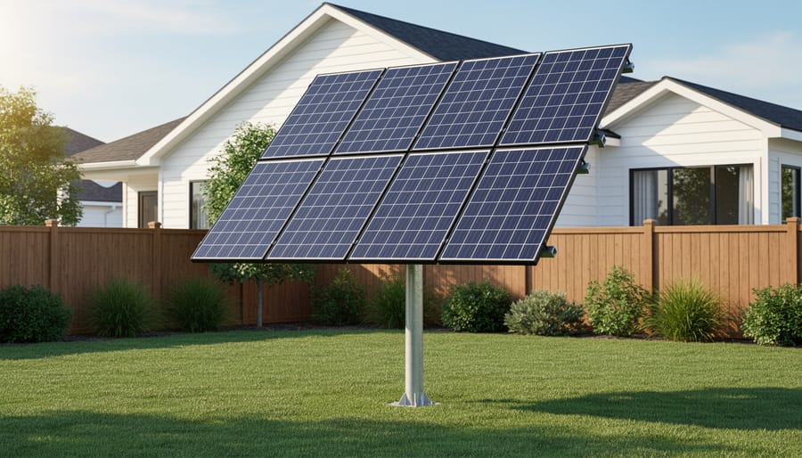 Eight solar panels mounted on a single pole in a suburban backyard