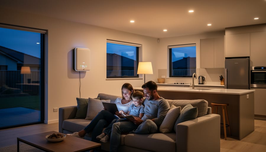 Family in well-lit kitchen at night during neighborhood power outage