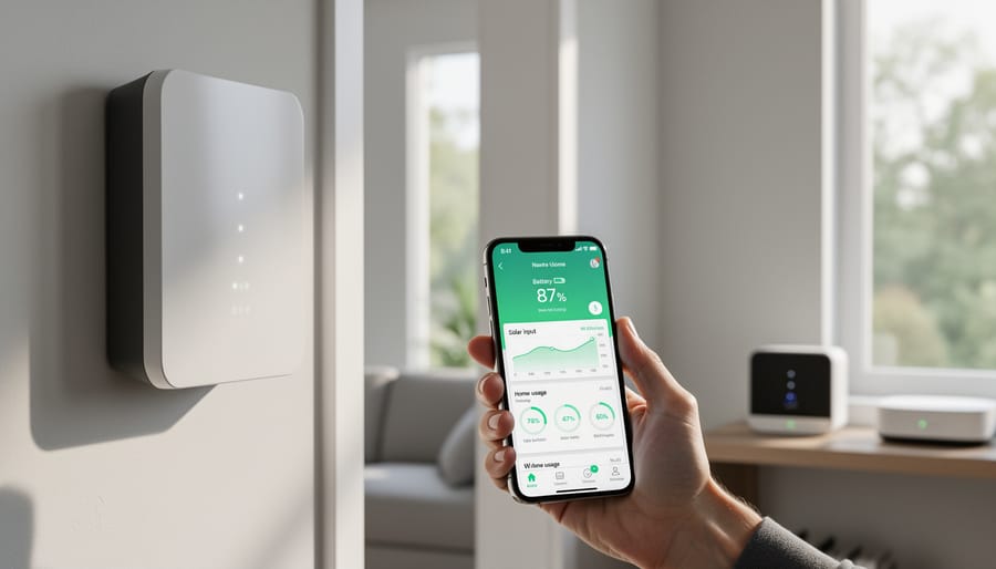 Homeowner monitoring solar battery system performance on digital tablet