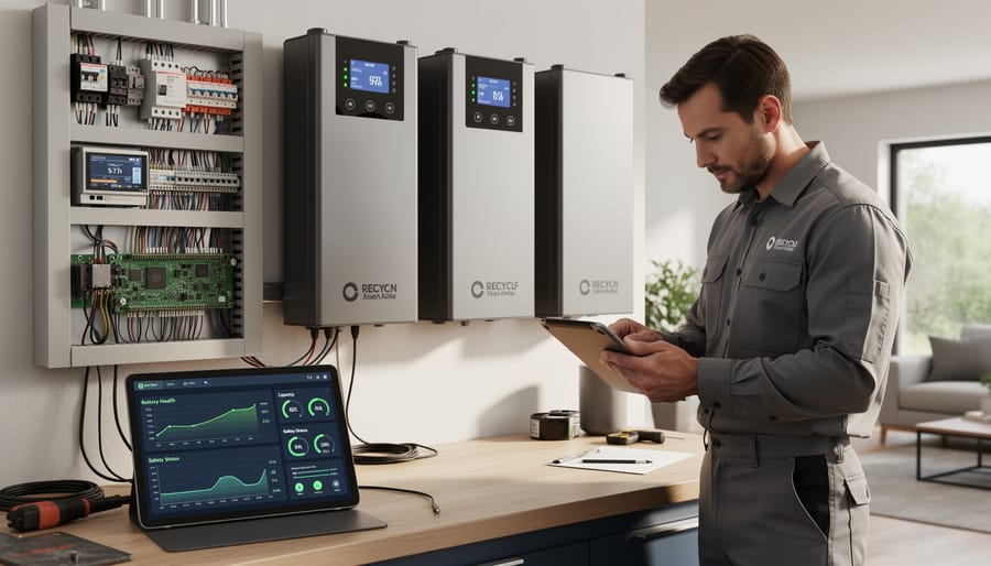 Technician performing diagnostic testing on second-life battery module with digital equipment