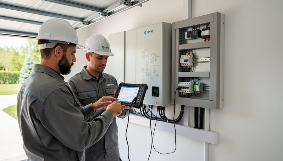 Professional installer configuring home battery storage system with laptop