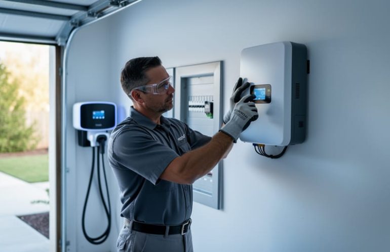 Certified electrician wearing safety glasses and gloves installs a wall‑mounted home battery next to an electrical panel in a clean residential garage, with an EV charger and solar inverter softly blurred in the background