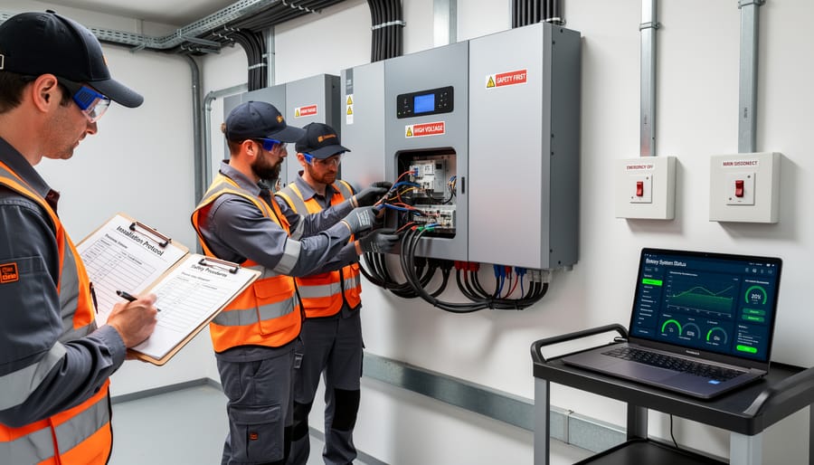 Certified installer's hands making proper electrical connections on battery storage system