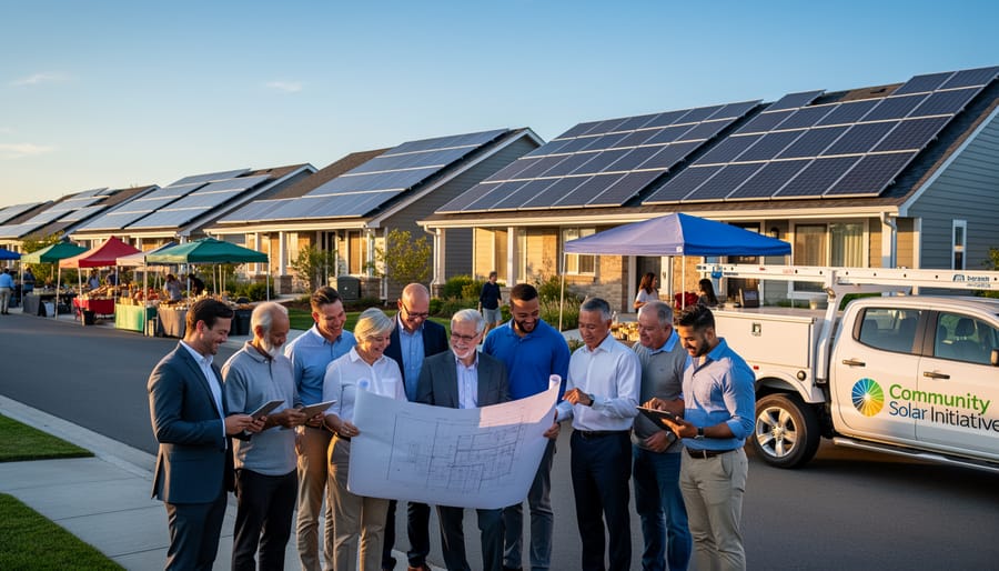 Aerial view of residential neighborhood with multiple solar panel installations