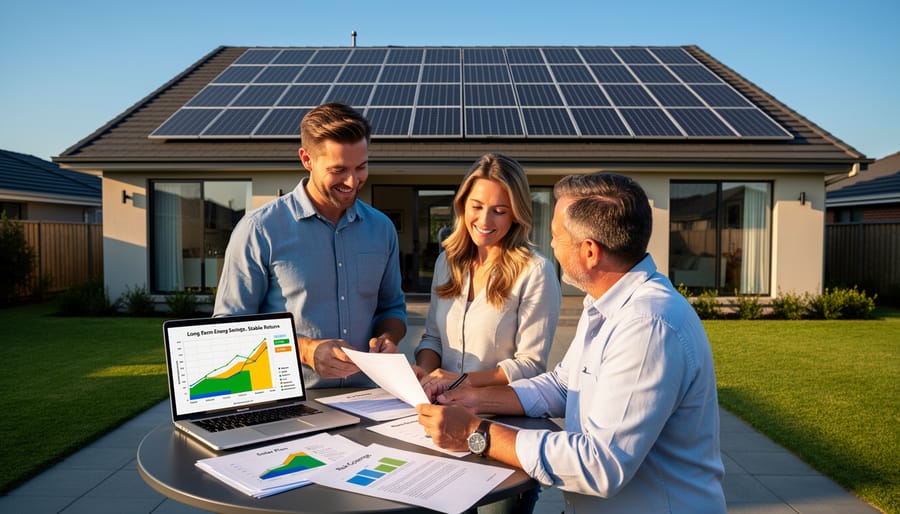 Homeowners standing confidently in front of their solar-powered home