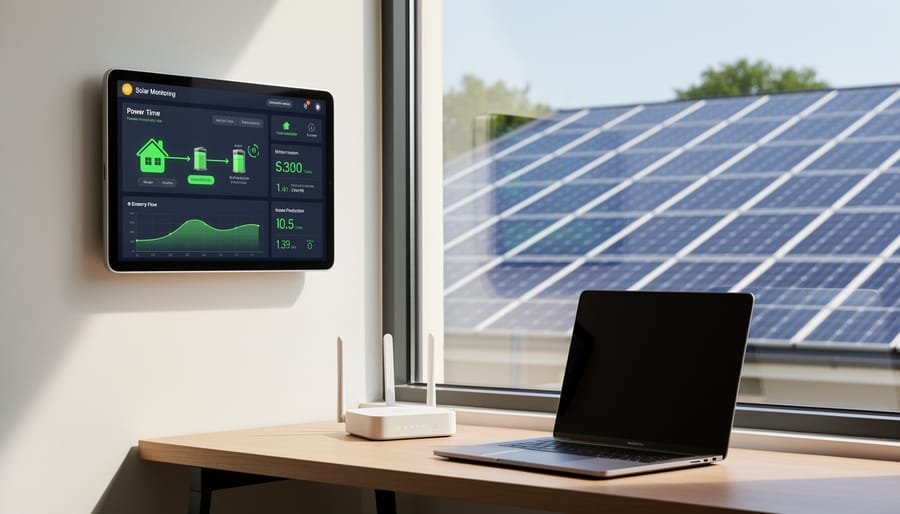 Solar panels on residential roof with internet-connected monitoring equipment