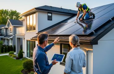Solar company representative and homeowner standing beside a house with rooftop panels while a harnessed installer works on the roof at golden hour in a suburban neighborhood