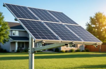 Eight solar panels mounted on a single steel pole in a suburban backyard at golden hour, viewed at eye level with a house and trees softly blurred in the background.