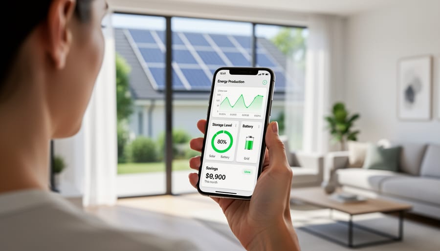 Person viewing energy monitoring app on smartphone showing solar production and battery status