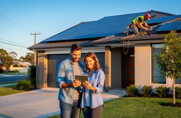 Suburban house with rooftop solar panels at golden hour, a couple reviewing a tablet in the driveway while a technician works on the roof, with a tree-lined street and neighboring homes in the background.