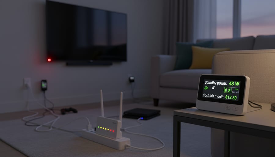 Multiple household electronics plugged into power strip showing standby lights