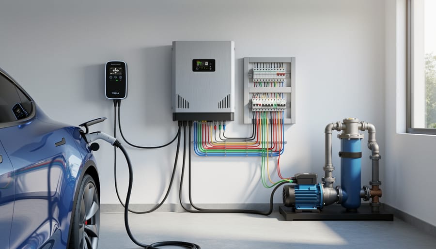 Electric vehicle charging in home garage with solar inverter system and pool visible