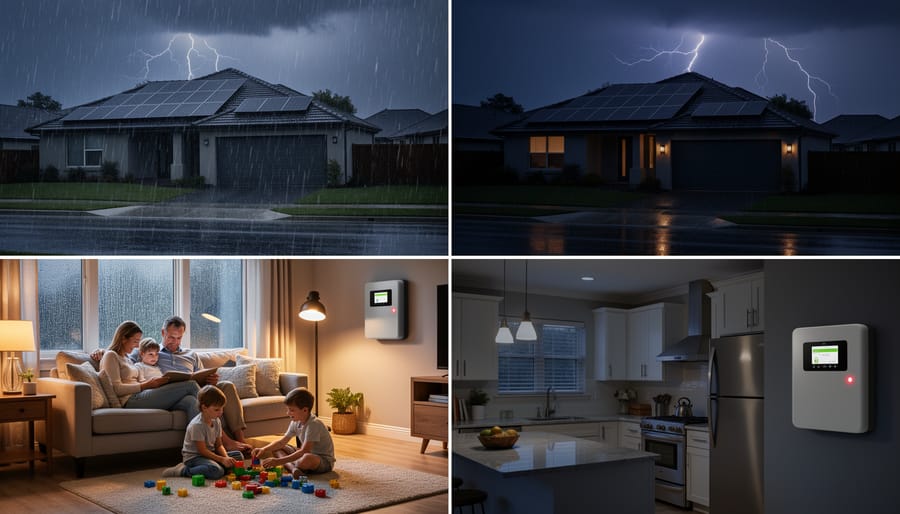 Family comfortable at home during storm with solar power system maintaining electricity