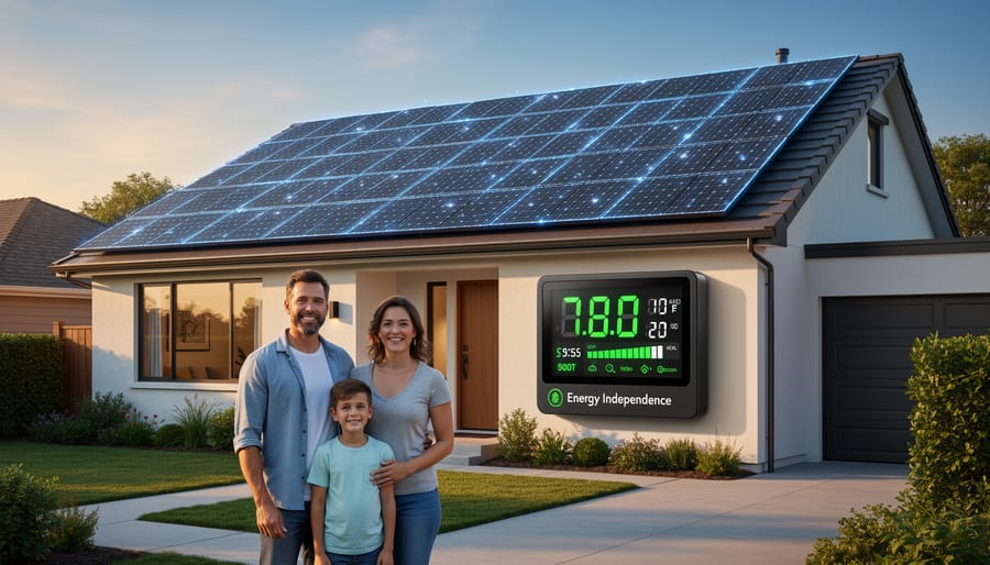 Family standing in front of their home with solar panels on the roof