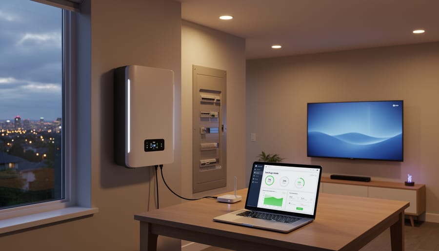 Lit home interior during evening power outage with dark neighborhood visible through window