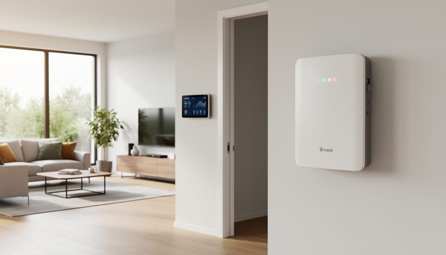 White home battery storage unit installed on residential garage wall