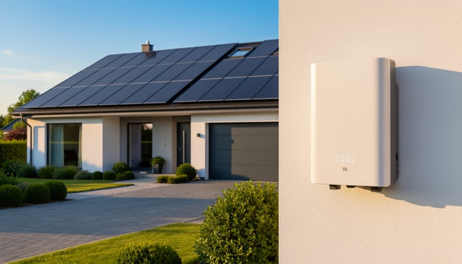 Modern white home battery system installed on garage wall with solar panels visible through window