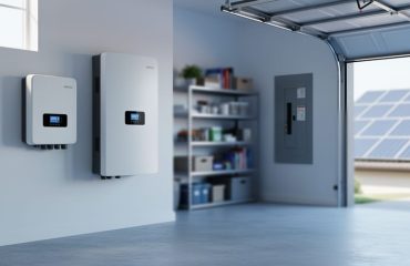Wall-mounted white home battery storage unit in a clean residential garage next to an inverter and electrical panel, softly lit with a faint view of rooftop solar panels outside.