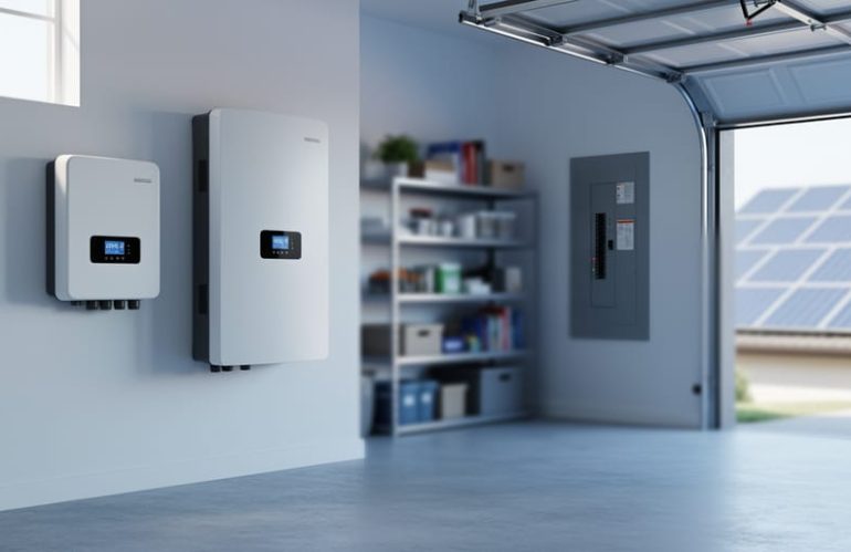 Wall-mounted white home battery storage unit in a clean residential garage next to an inverter and electrical panel, softly lit with a faint view of rooftop solar panels outside.