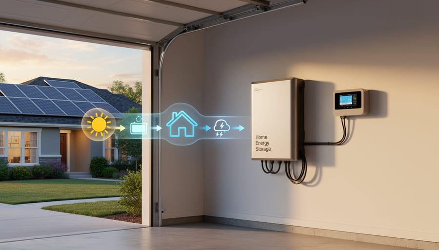 Modern home battery storage unit mounted in residential garage