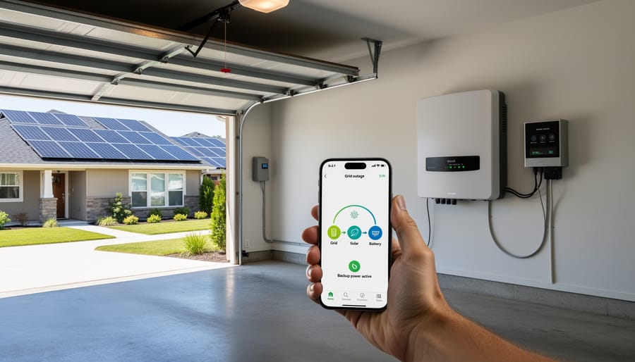 Home battery storage system installed on garage wall with indicator lights